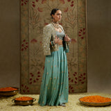 Metallic Cape Jacket with Bustier and Pleated Pants