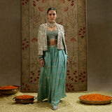 Metallic Cape Jacket with Bustier and Pleated Pants