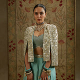 Metallic Cape Jacket with Bustier and Pleated Pants