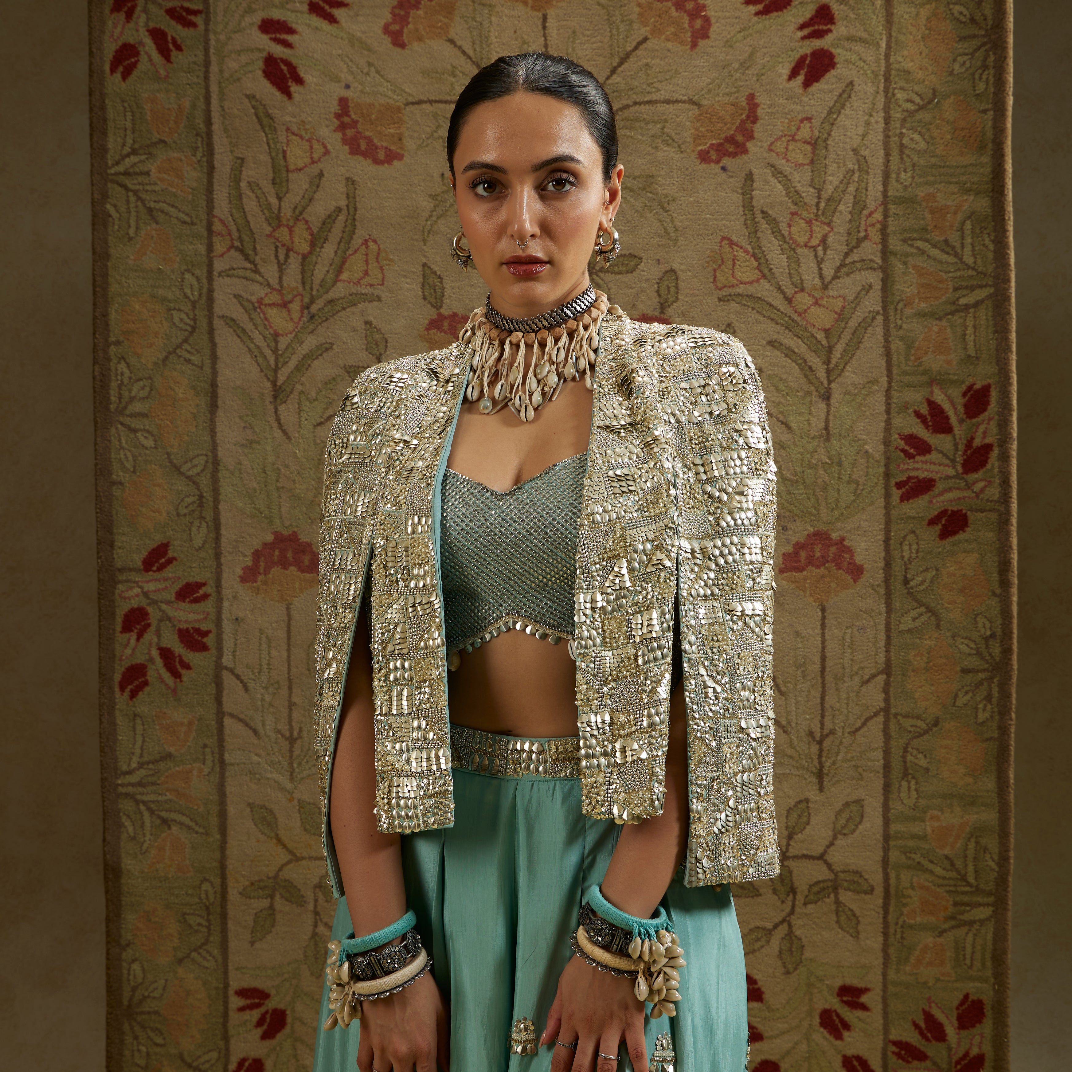 Metallic Cape Jacket with Bustier and Pleated Pants