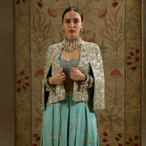 Metallic Cape Jacket with Bustier and Pleated Pants