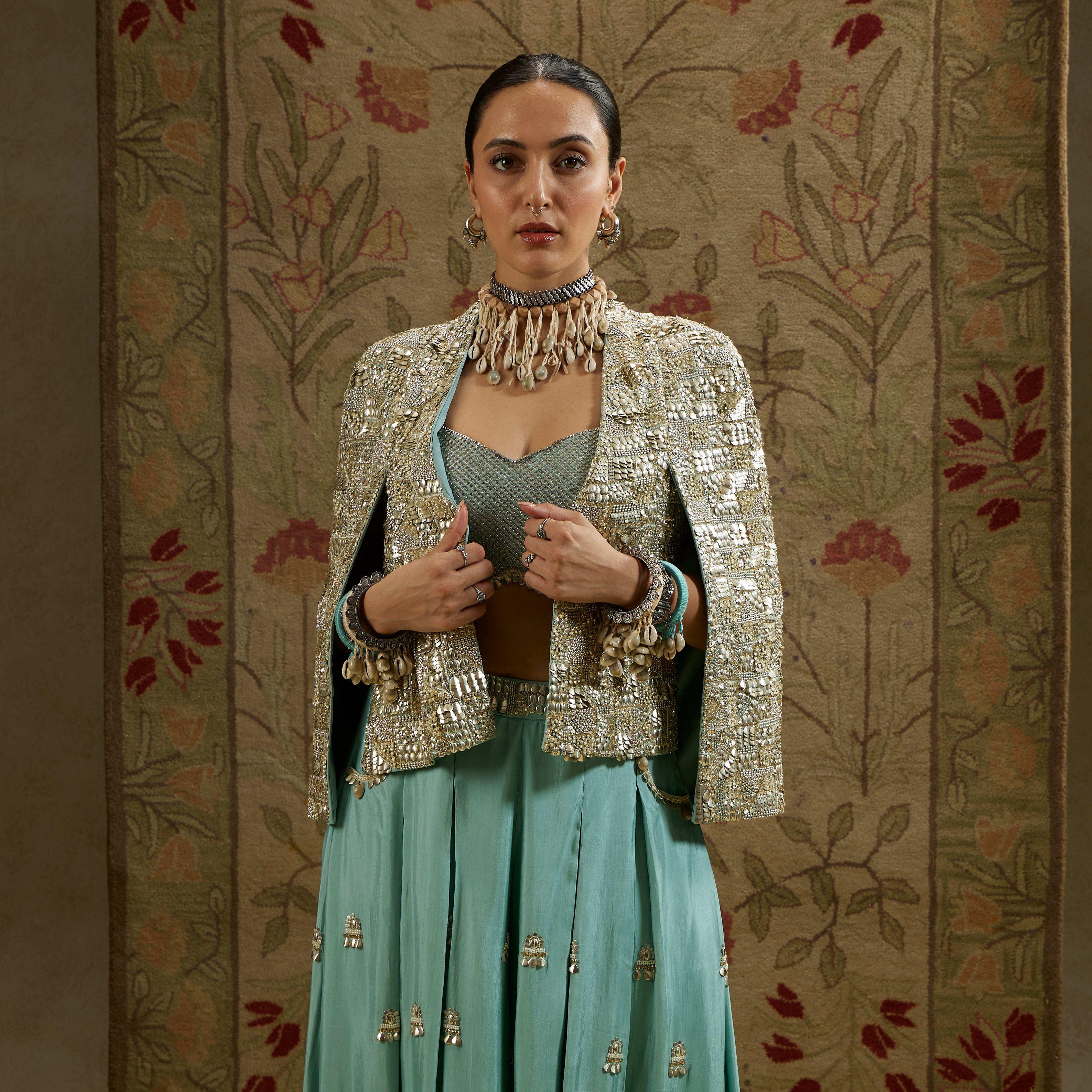 Metallic Cape Jacket with Bustier and Pleated Pants