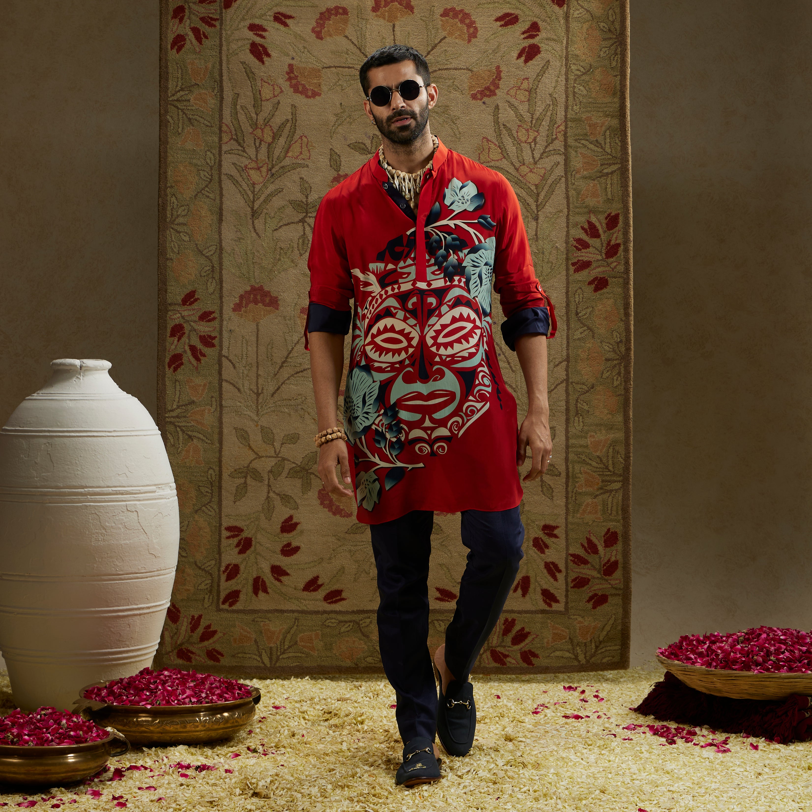Red Mask Print Rolled-Up Sleeves