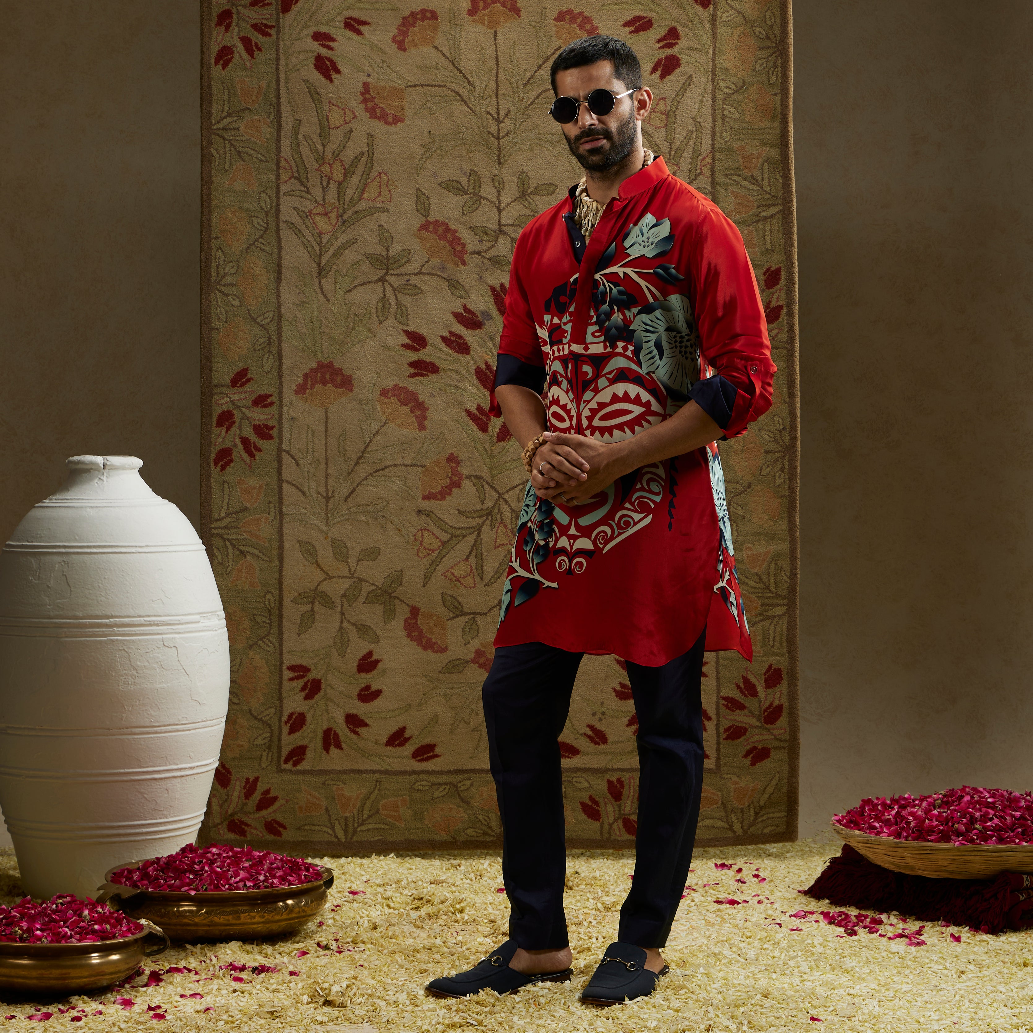 Red Mask Print Rolled-Up Sleeves