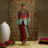 Red Blue Ombre Print Embellished Blazer with Drape Skirt
