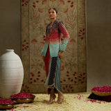 Red Blue Ombre Print Embellished Blazer with Drape Skirt