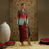 Red Blue Ombre Print Embellished Blazer with Drape Skirt