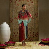 Red Blue Ombre Print Embellished Blazer with Drape Skirt