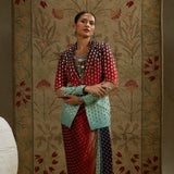 Red Blue Ombre Print Embellished Blazer with Drape Skirt