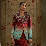 Red Blue Ombre Print Embellished Blazer with Drape Skirt