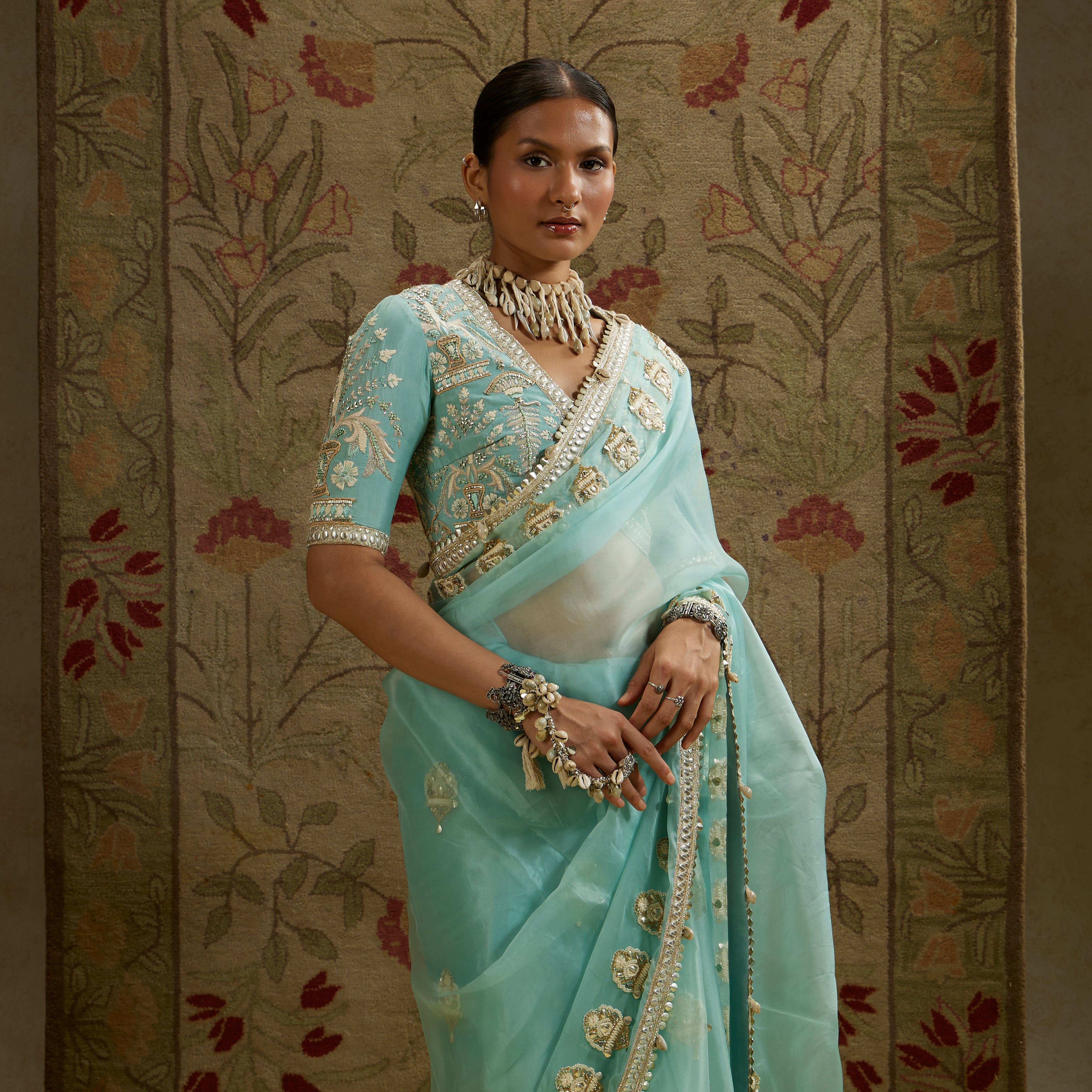 Teal Blue Organza Embellished Saree with Blouse