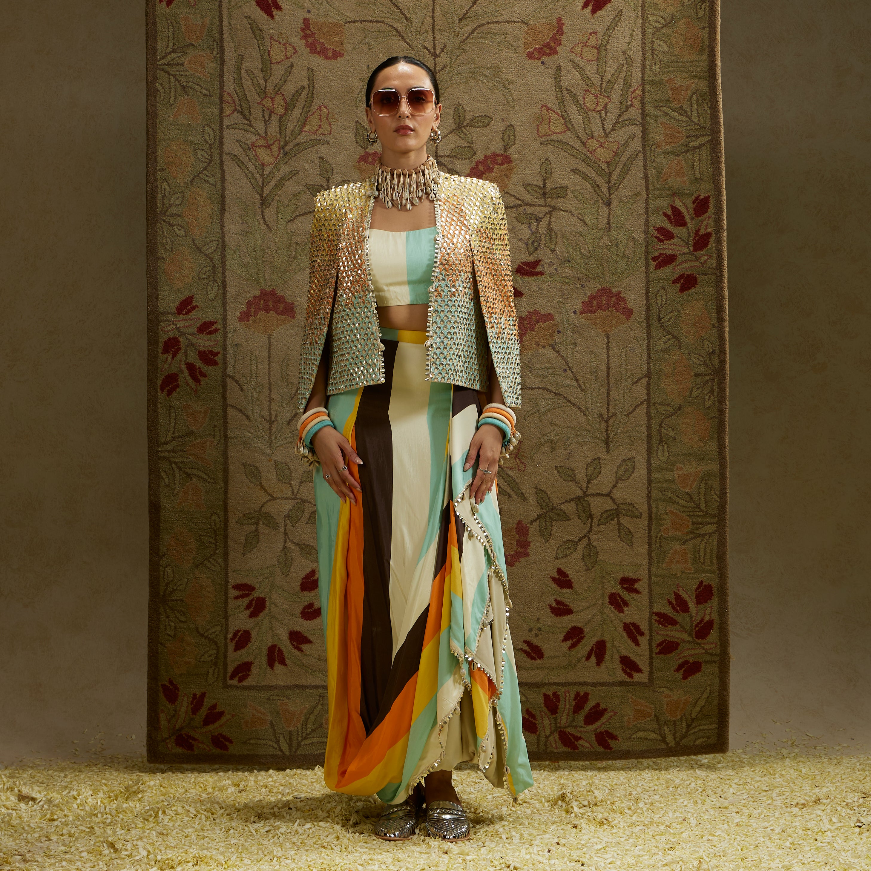Multi-Colored Metallic Cape Jacket with Bustier and Drape Skirt