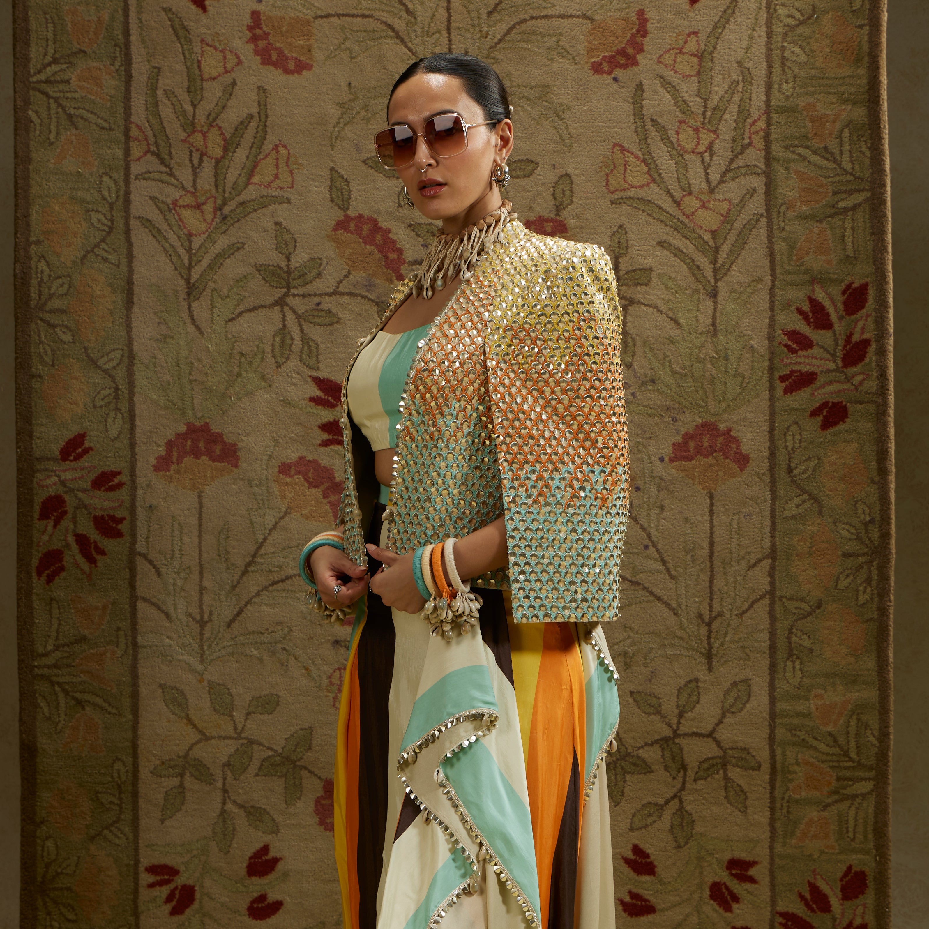 Multi-Colored Metallic Cape Jacket with Bustier and Drape Skirt