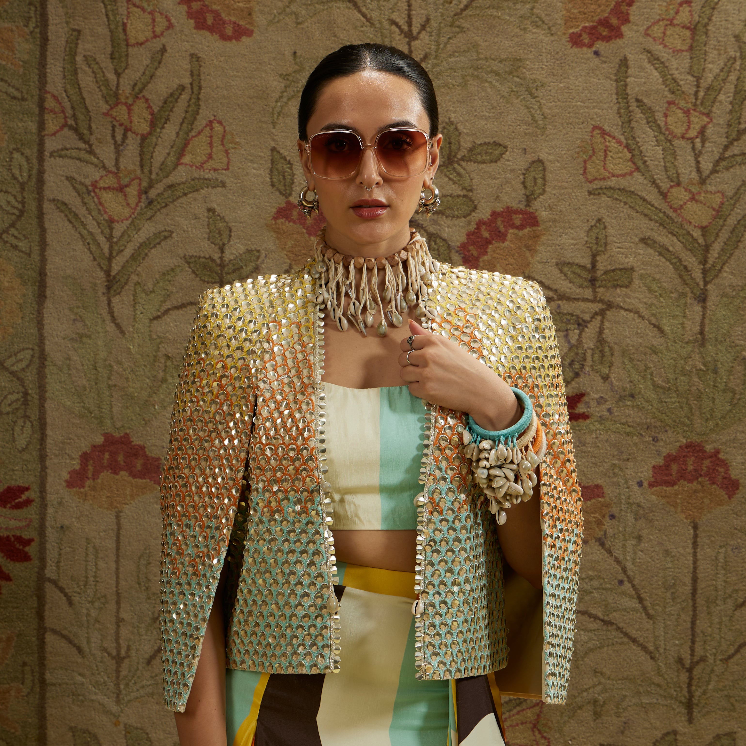 Multi-Colored Metallic Cape Jacket with Bustier and Drape Skirt