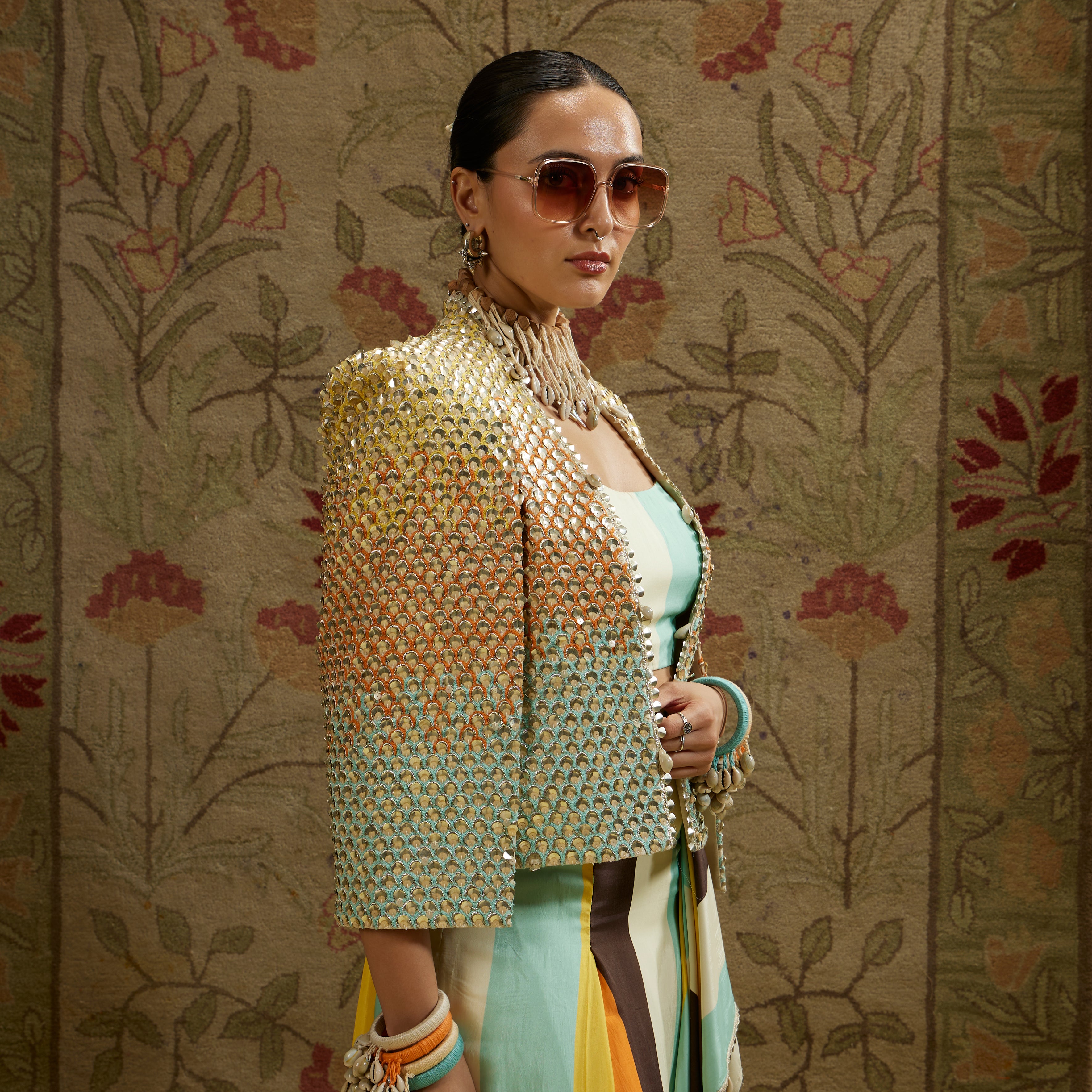 Multi-Colored Metallic Cape Jacket with Bustier and Drape Skirt