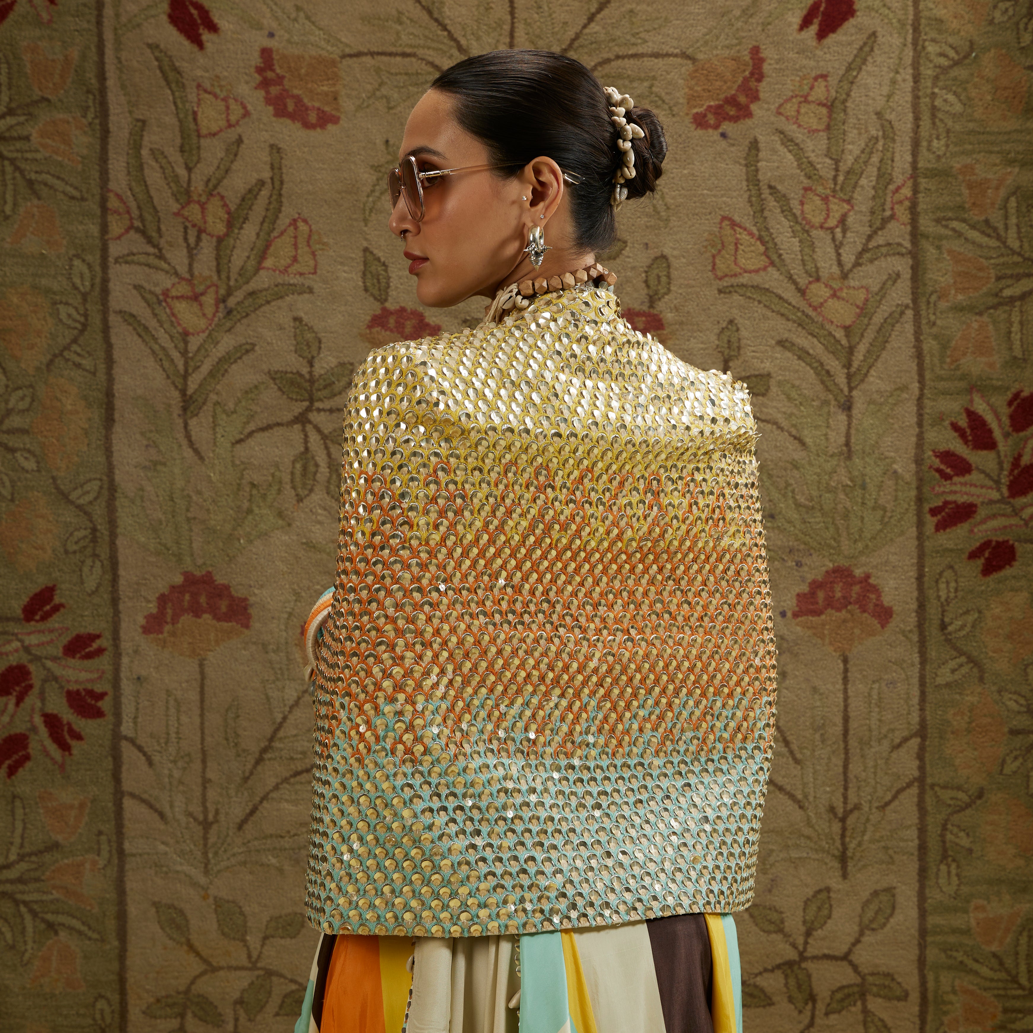 Multi-Colored Metallic Cape Jacket with Bustier and Drape Skirt
