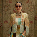 Multi-Colored Metallic Cape Jacket with Bustier and Drape Skirt