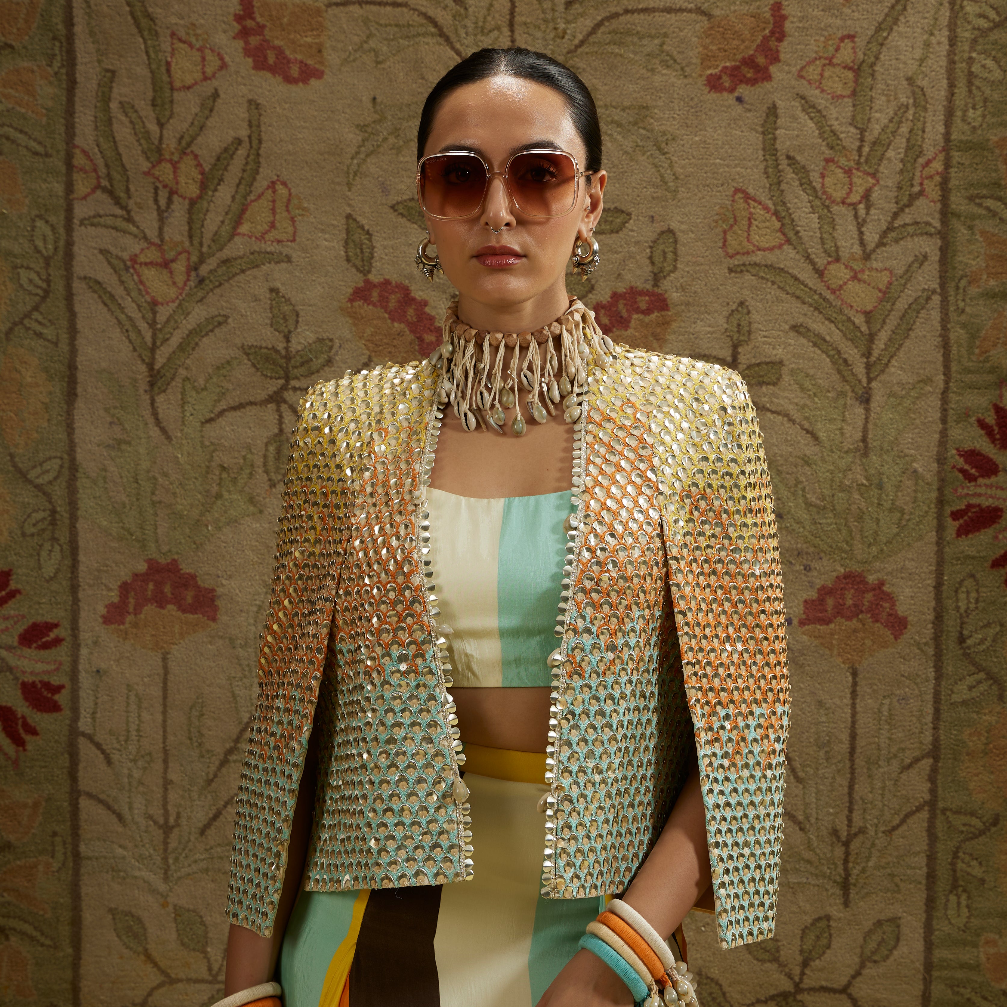 Multi-Colored Metallic Cape Jacket with Bustier and Drape Skirt