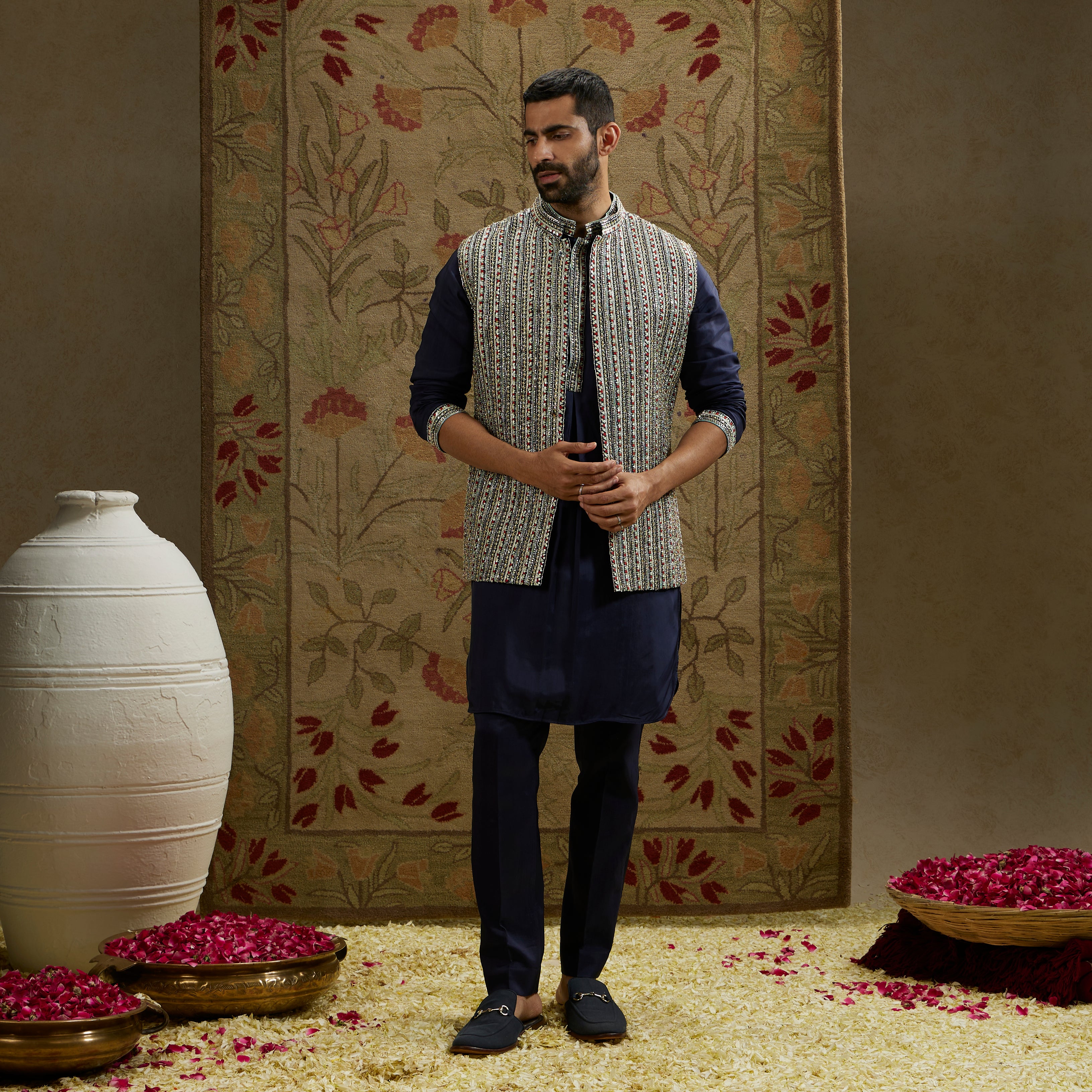 Midnight Blue Border Embellished Bundi
