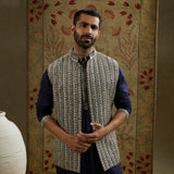 Midnight Blue Border Embellished Bundi