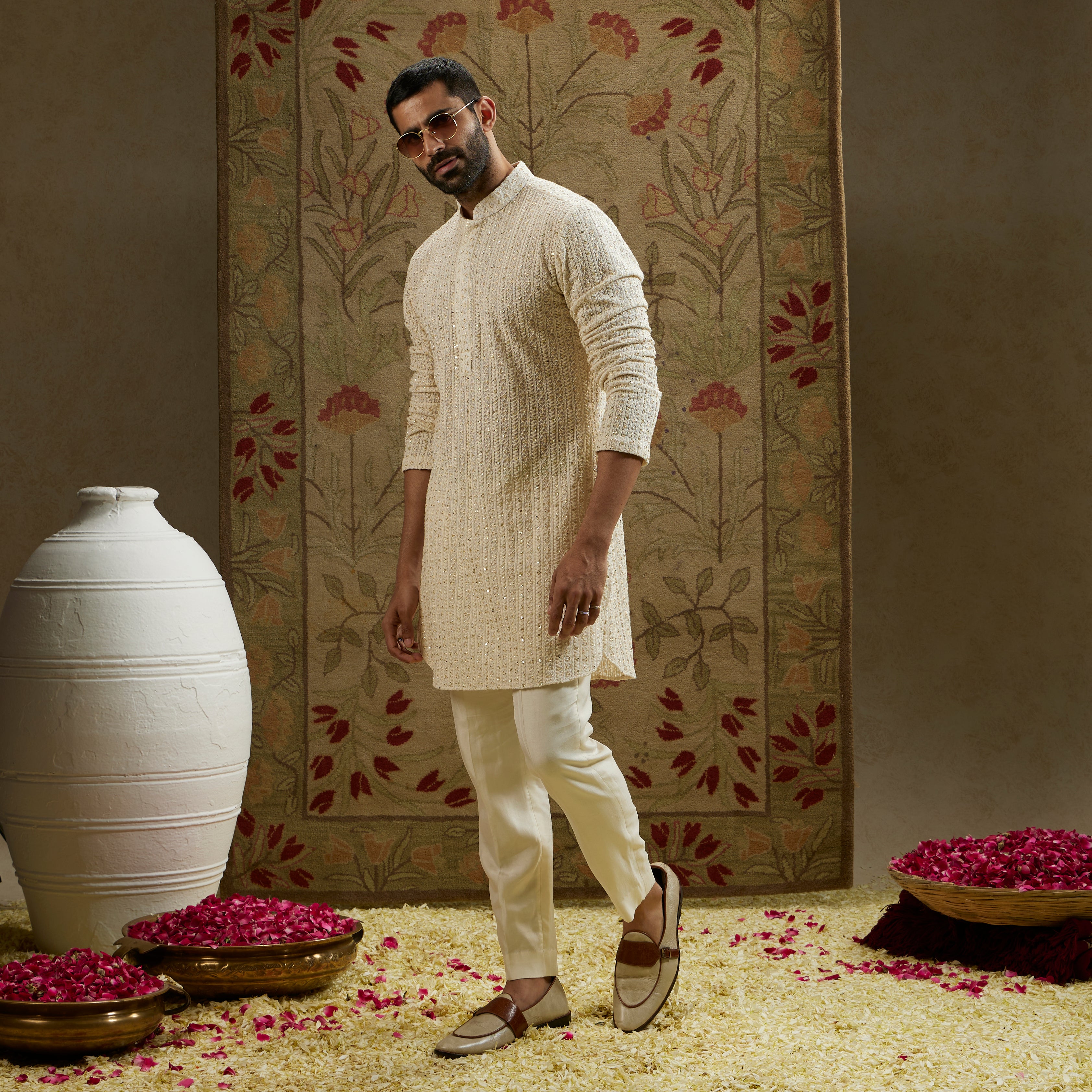 Magnolia Cream Sequin Cut-Dana Lucknowi Kurta Set