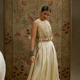 Magnolia Cream Thread Tassel Crop Top with Pleated Pants