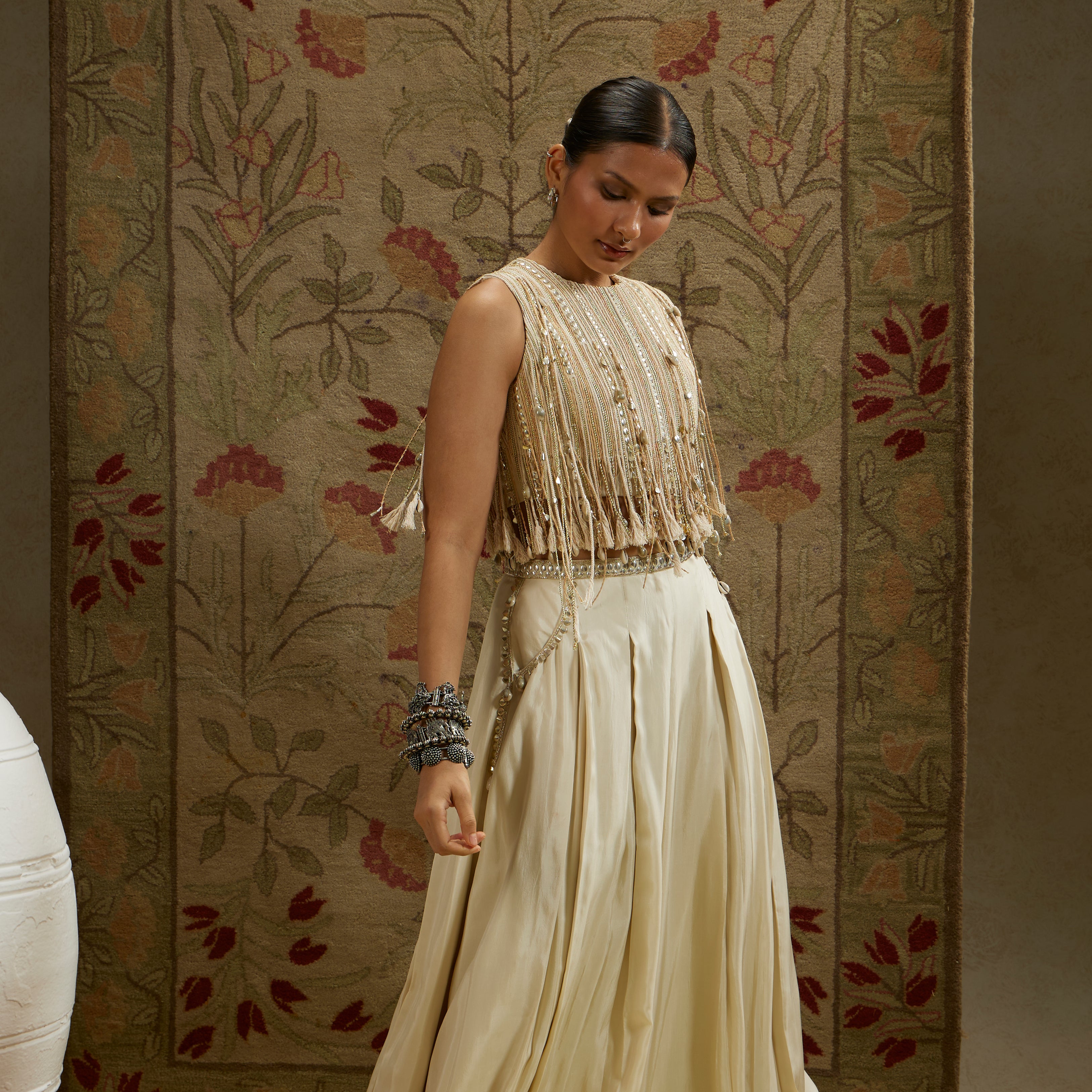 Magnolia Cream Thread Tassel Crop Top with Pleated Pants