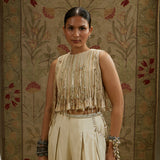 Magnolia Cream Thread Tassel Crop Top with Pleated Pants
