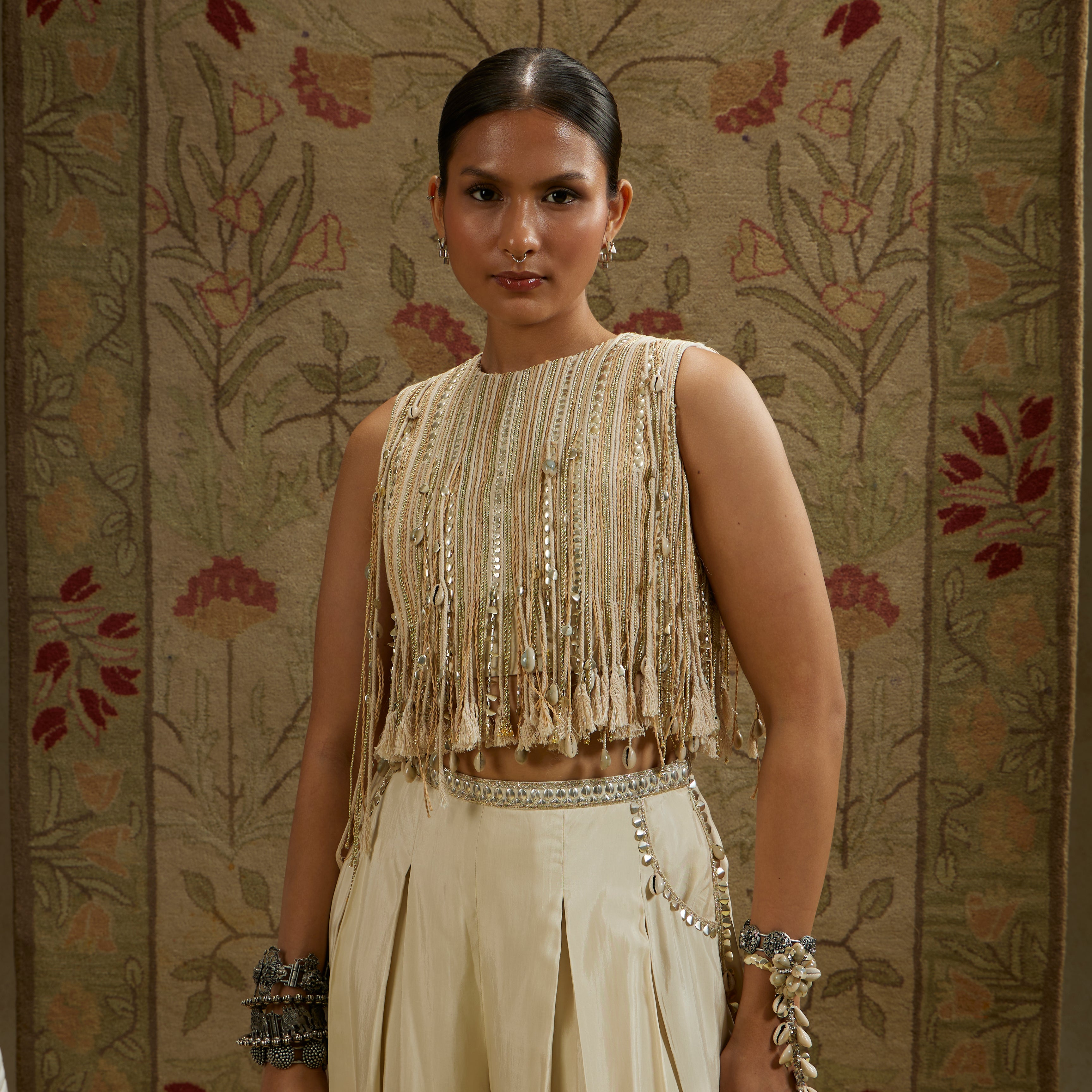 Magnolia Cream Thread Tassel Crop Top with Pleated Pants