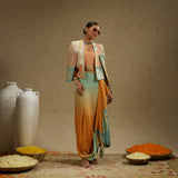 Patchwork Cape Jacket with Bustier and Ombre Print Drape Skirt