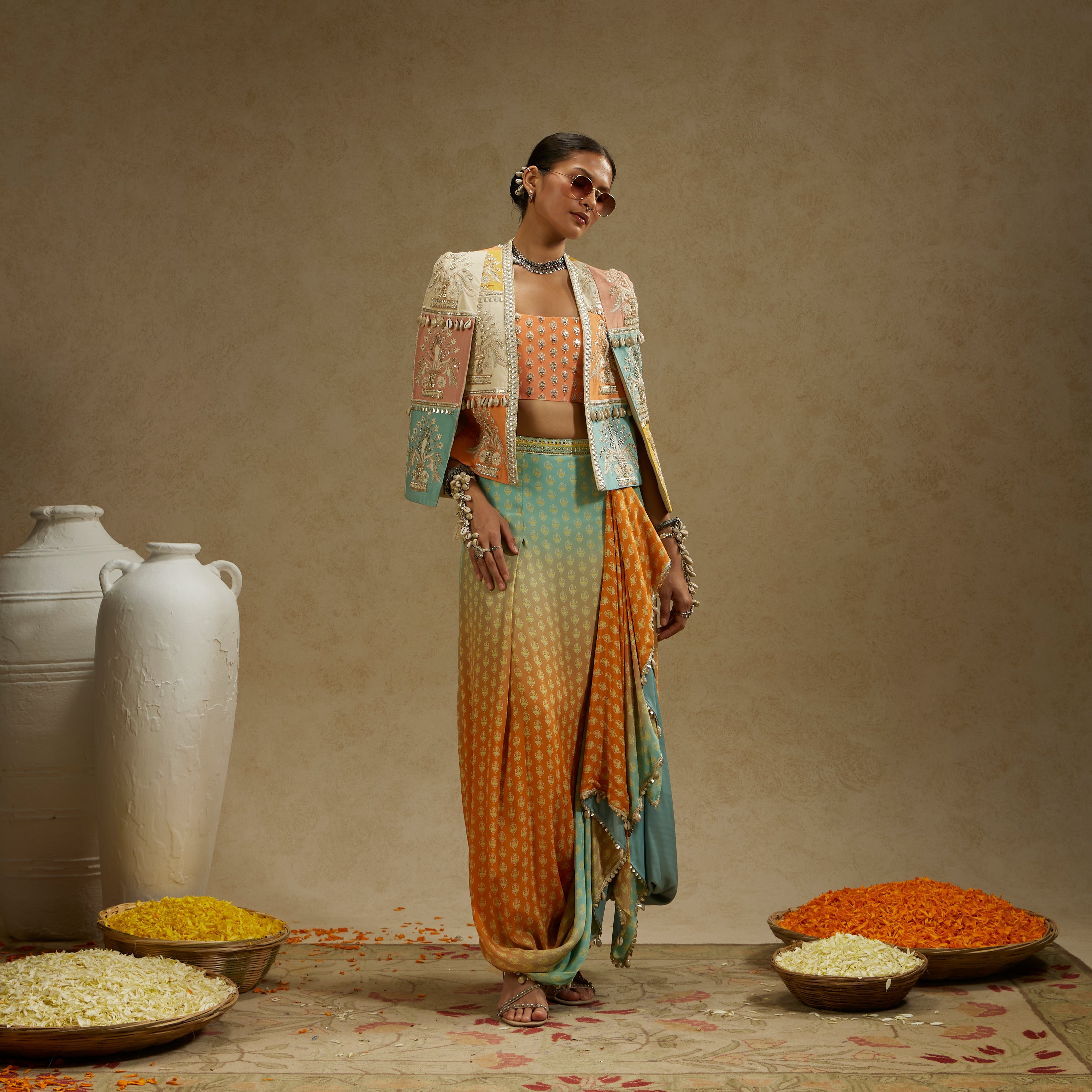 Patchwork Cape Jacket with Bustier and Ombre Print Drape Skirt
