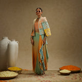 Patchwork Cape Jacket with Bustier and Ombre Print Drape Skirt