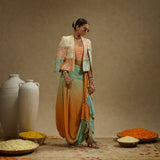 Patchwork Cape Jacket with Bustier and Ombre Print Drape Skirt