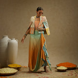 Patchwork Cape Jacket with Bustier and Ombre Print Drape Skirt