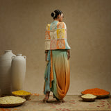 Patchwork Cape Jacket with Bustier and Ombre Print Drape Skirt