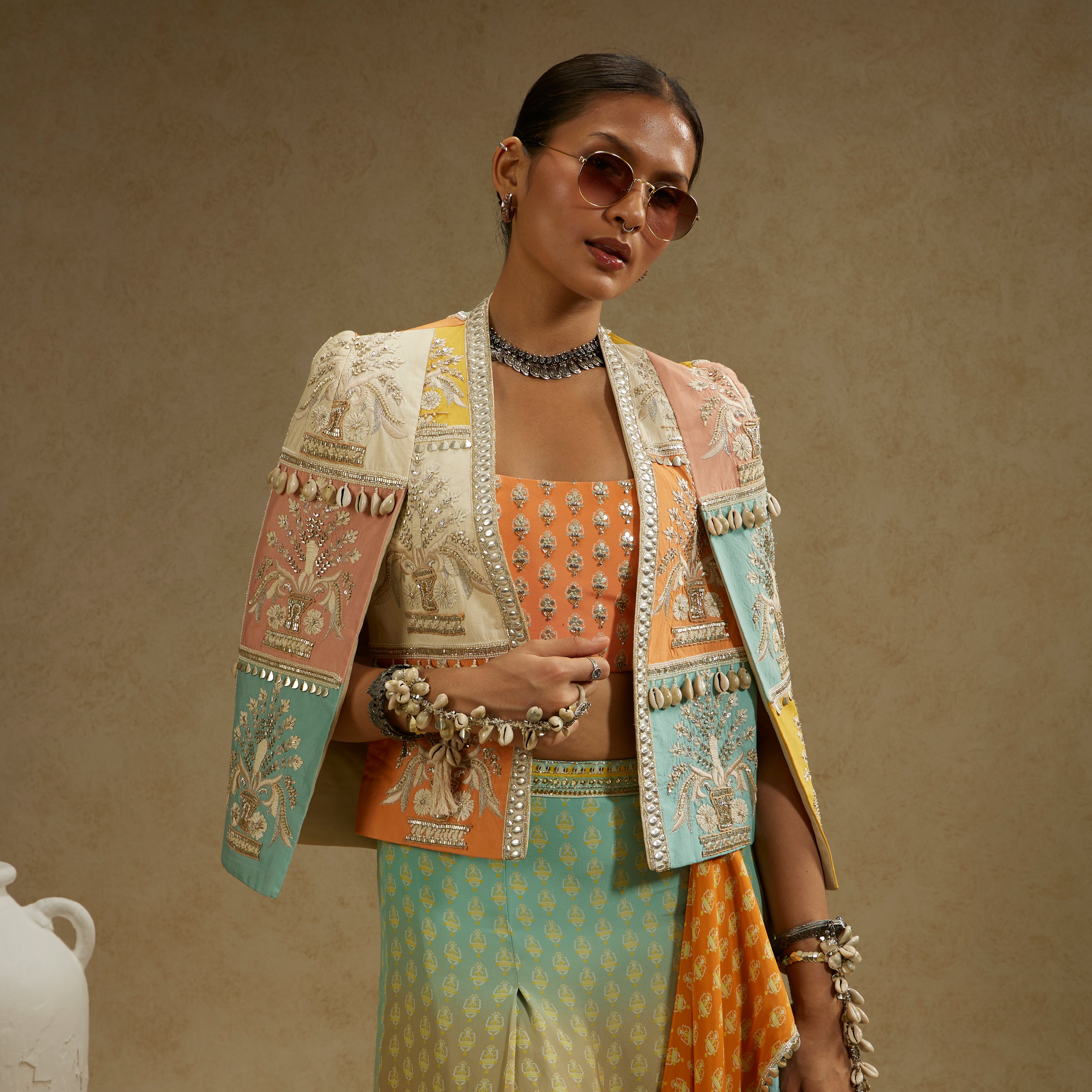 Patchwork Cape Jacket with Bustier and Ombre Print Drape Skirt