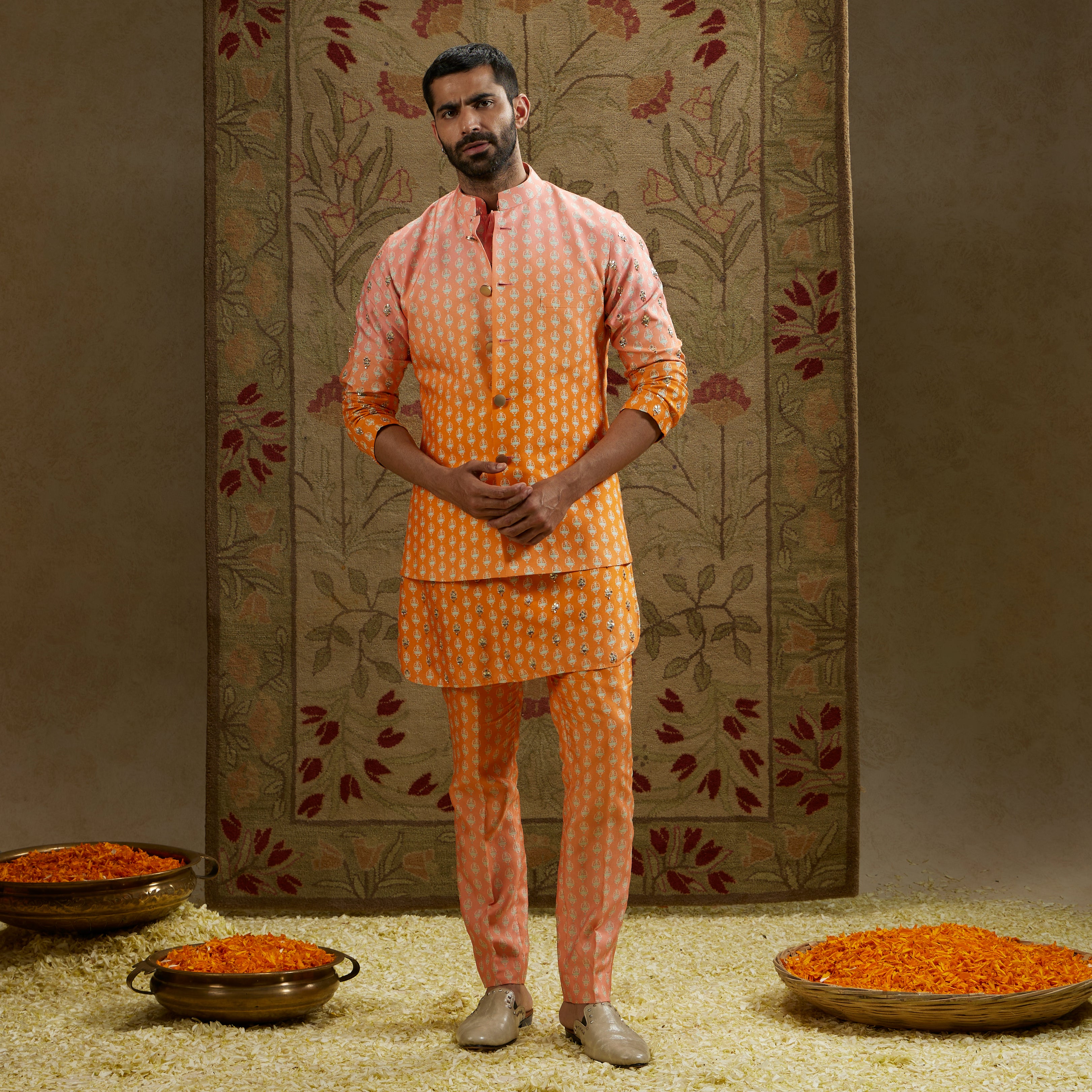 Orange Pink Ombre Butti Printed Bundi