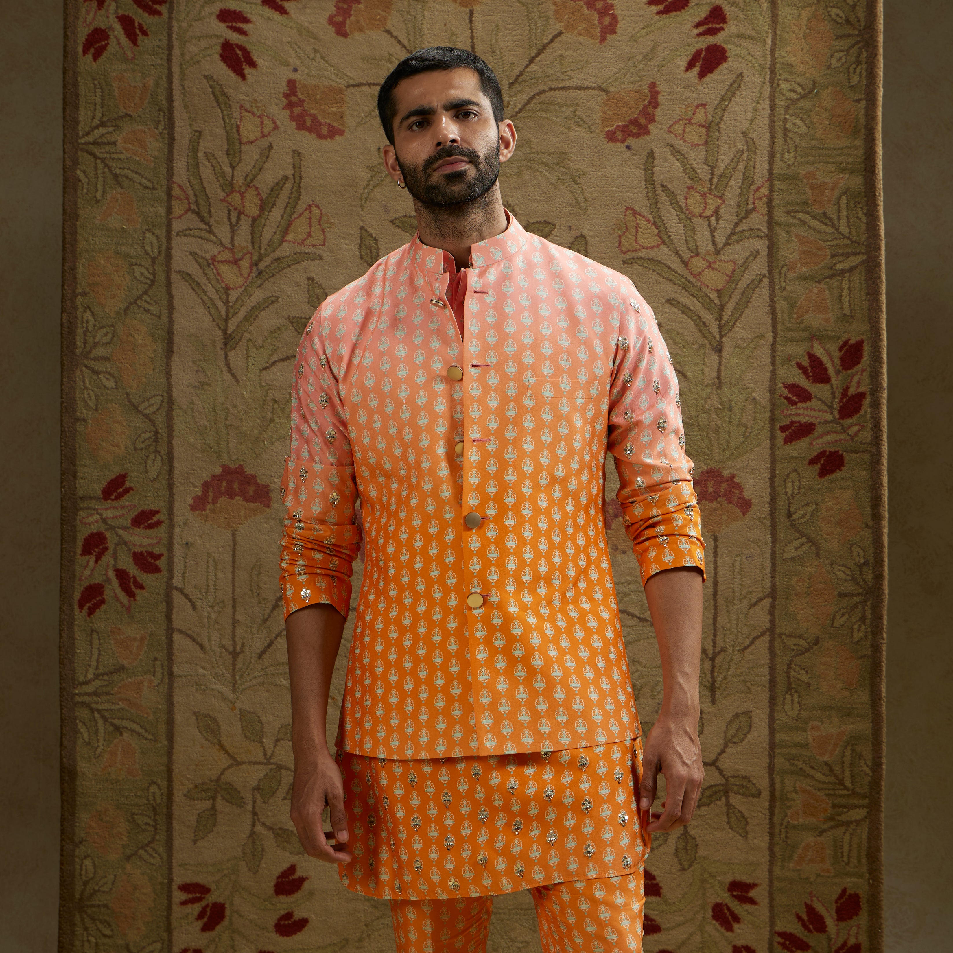 Orange Pink Ombre Butti Printed Bundi