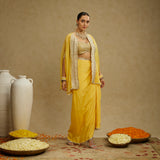 Metal Embellished Bustier with Organza Cape and Dandelion Yellow Drape Skirt