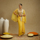 Metal Embellished Bustier with Organza Cape and Dandelion Yellow Drape Skirt