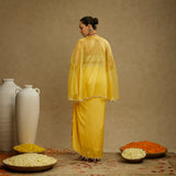 Metal Embellished Bustier with Organza Cape and Dandelion Yellow Drape Skirt