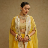 Metal Embellished Bustier with Organza Cape and Dandelion Yellow Drape Skirt