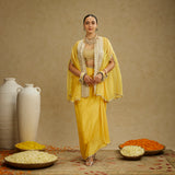 Metal Embellished Bustier with Organza Cape and Dandelion Yellow Drape Skirt