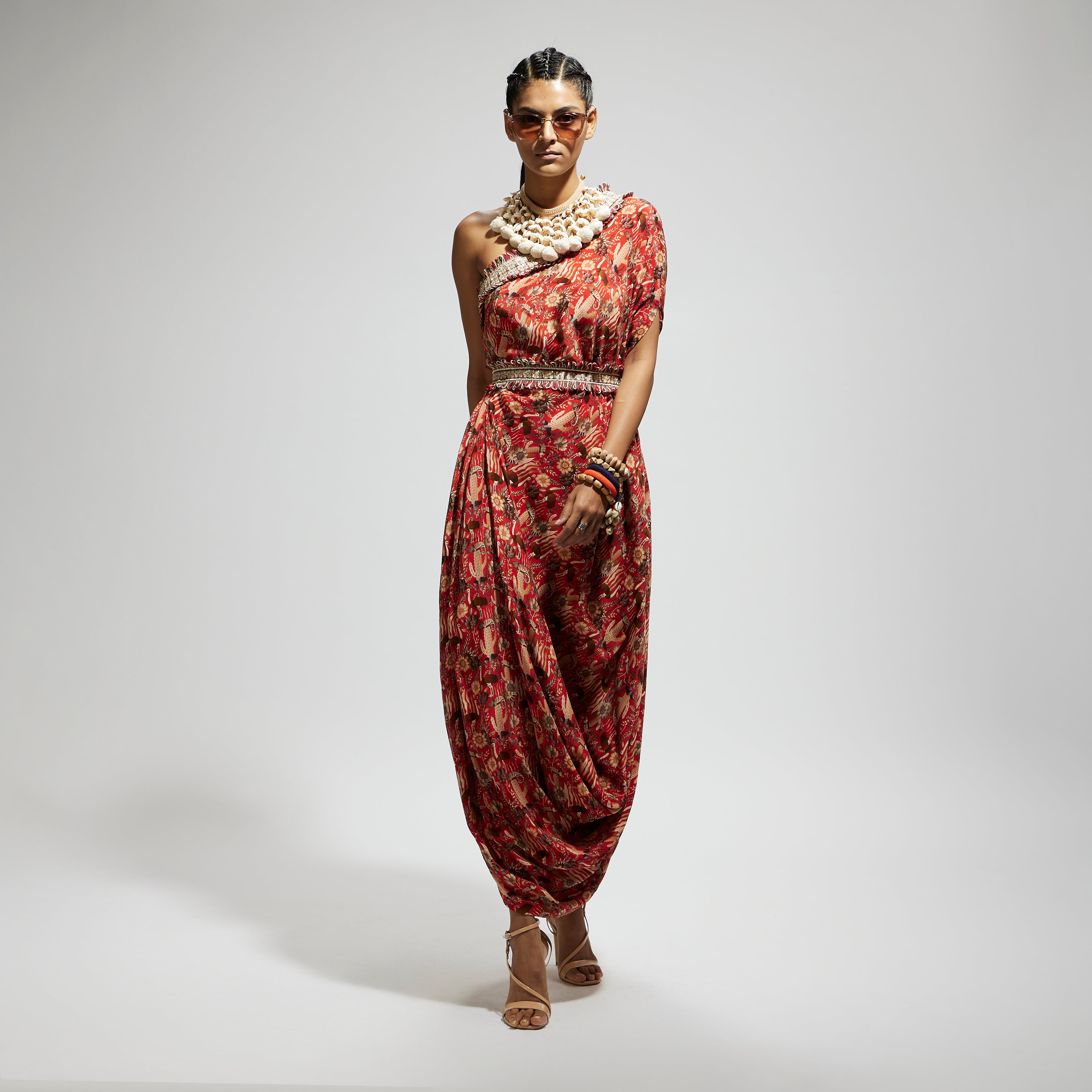 ORANGE JAAL PRINT ONE SHOULDER COWL DRESS TEAMED WITH A BELT