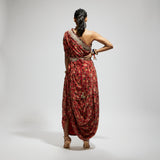 ORANGE JAAL PRINT ONE SHOULDER COWL DRESS TEAMED WITH A BELT