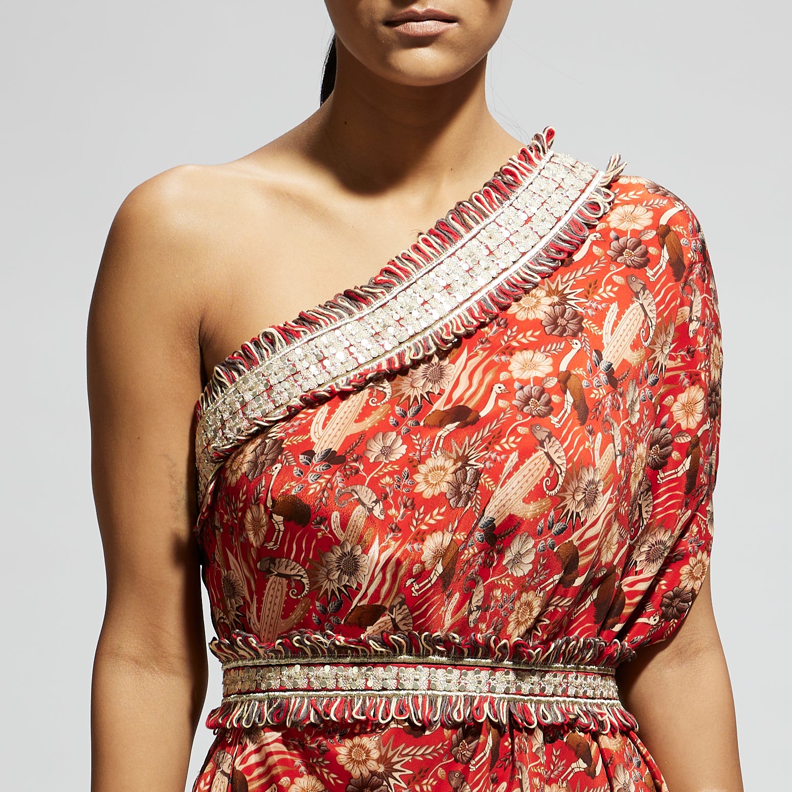 ORANGE JAAL PRINT ONE SHOULDER COWL DRESS TEAMED WITH A BELT