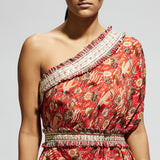 ORANGE JAAL PRINT ONE SHOULDER COWL DRESS TEAMED WITH A BELT