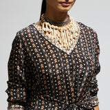 BLACK BOHO PRINT FRONT TIE UP TUNIC
