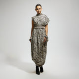 WHITE PRINTED COWL DRESS TEAMED WITH A BELT