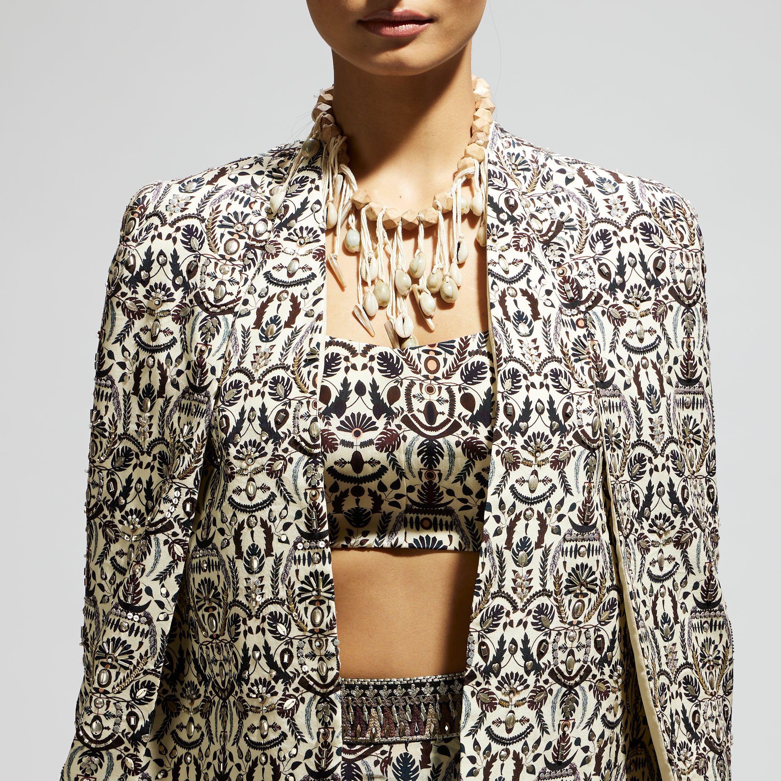 WHITE EMBELLISHED JAAL CAPE JACKET SET